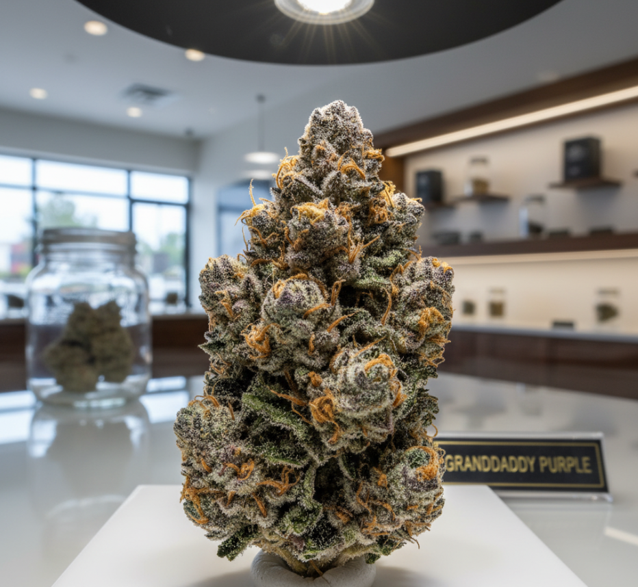 Close-up of frosty cannabis flower with crystal trichomes